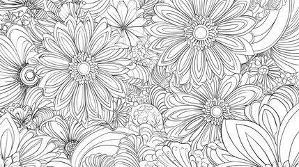 Detailed black-and-white floral design featuring daisies and other wildflowers with intricate line art and layered textures.
