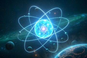 Obraz premium Colorful Atom Model Surrounded by Celestial Bodies and Stars