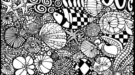 Intricate black-and-white underwater design with fish, shells, and swirling patterns, creating a vibrant oceanic world.
