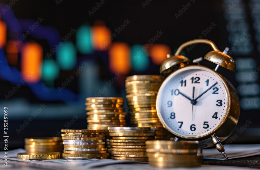 Poster stack of coins with an alarm clock and financial charts in the background.