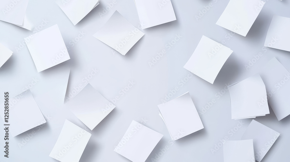 Aufkleber fly papers set. chaotic falling and flying empty white sheets group, scattered notes with curved pag