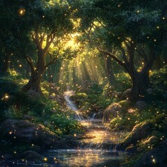 Fototapeta premium A serene fantasy forest with gentle, glowing streams flowing beneath towering trees