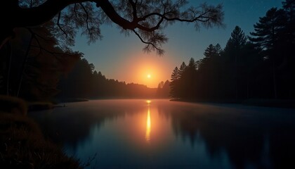 Misty Sunrise over Lake with Silhouette Trees