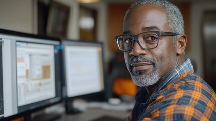 Obraz premium Professional Afro-American man working on digital design projects at a modern workspace with multiple computer screens in a bright office atmosphere