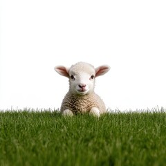 Fototapeta premium Cute Lamb Peeking Over Green Grass in Bright Light