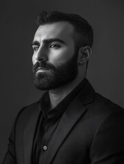Obraz premium A man with a full beard wearing a black suit and coat, looking off into the distance.