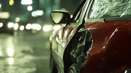 Naklejka premium A red car sits mangled on a rain-slicked street at night with shattered windshield and crumpled bodywork of a violent collision