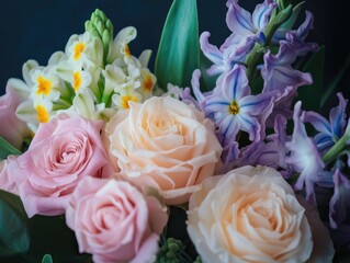 Obraz premium Pink and blue roses arranged in a bouquet with greenery, suitable for decorative purposes or as a gift.