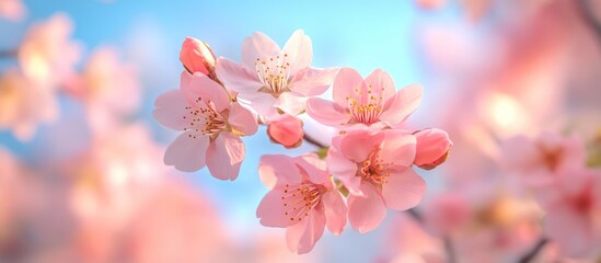 Obraz premium Spring cherry blossoms bloom, sunlit garden