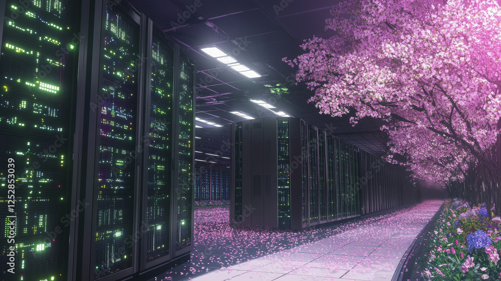 Poster date center isometric concept vector. server room with racks, virtual supercomputer internet technol