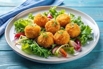 Fototapeta premium Aerial View: Floating White Plate with Shrimp Croquettes & Salad