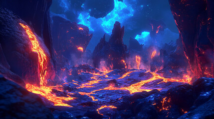 Fototapeta premium Fire and lava game effect. Magma and rock cartoon ui 2d set. Magic molten flow and liquid splash vfx isolated element design. Hell level platform crack, burst flame and heat ground surface section