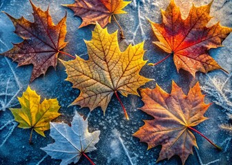 Fototapeta premium Aerial View: Frost-Covered Maple Leaves on Icy Ground – Stunning Winter Landscape