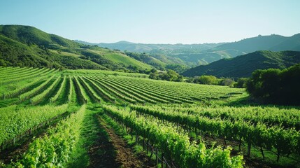 Fototapeta premium Lush Green Vineyard Landscape Under Clear Blue Sky at Sunset in Rolling Hills