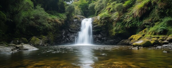 Waterfall in lush forest, serene natural landscape. Tranquil nature escape concept