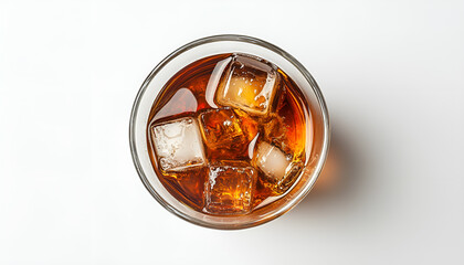 Plastic cup of fresh iced coffee isolated on white, top view