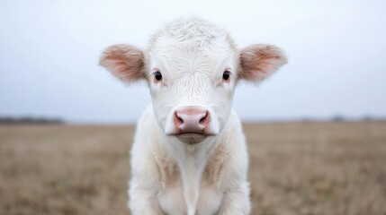 Obraz premium White calf in field, cloudy day, rural landscape, farm animal portrait