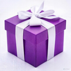 Obraz premium A luxurious purple gift box with a shimmering white ribbon, symbolizing elegance, sophistication, and exclusivity. Ideal for festive occasions, corporate gifting, weddings, birthdays, and special cele