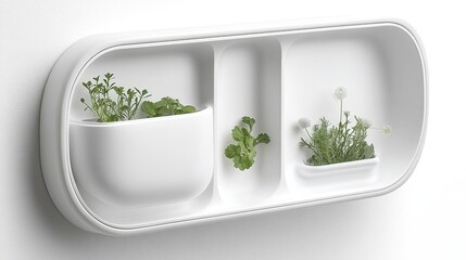 White wall-mounted planter with herbs, minimalist design, indoor gardening