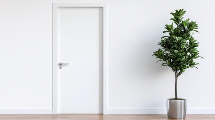 Empty Modern Room With White Door And Plant