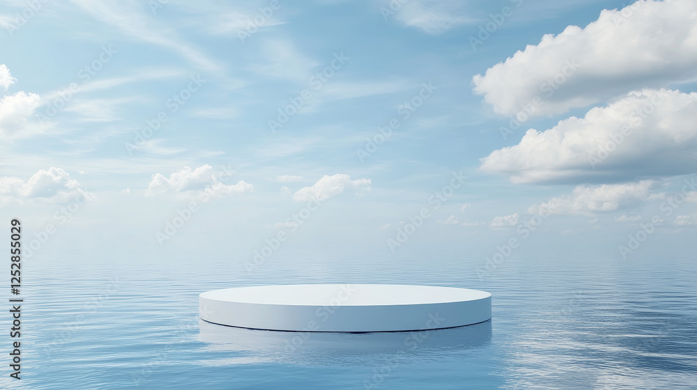 Poster white round podium floating on blue water surface. vector realistic 3d mockup of circle platform, em