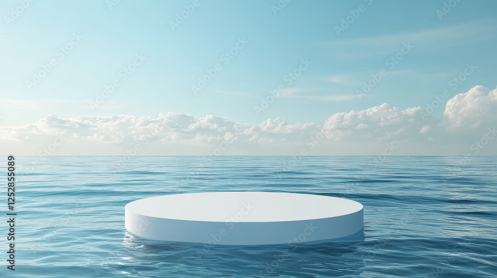 Poster white round podium floating on blue water surface. vector realistic 3d mockup of circle platform, em