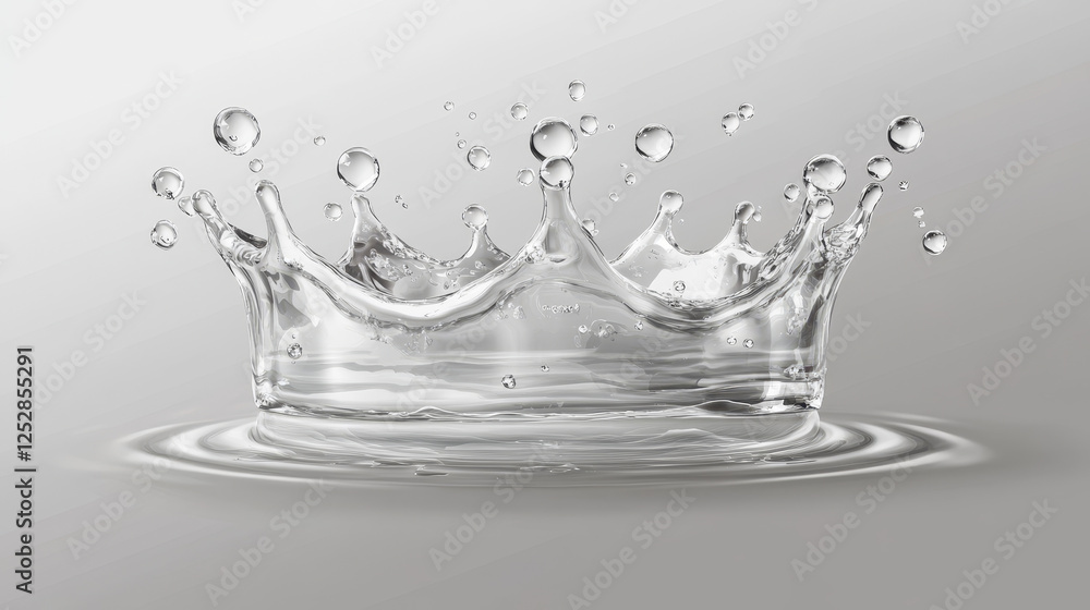 Poster water splash set. aqua liquid in shape of crown and dynamic motion elements with spray droplets side