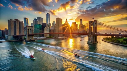 Obraz premium Aerial View NYC Brooklyn Bridge Jet Skiers Manhattan Skyline