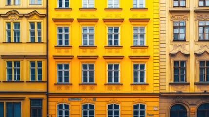 Obraz premium Beautiful row of old yellow buildings with windows and balconies