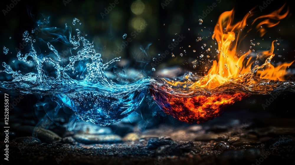 Poster dynamic elemental interaction fire vs. water nature scene high-resolution close-up surreal concept