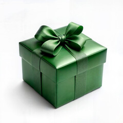 Obraz premium A luxurious green gift box adorned with a shiny satin ribbon, perfect for Christmas, weddings, birthdays, and special celebrations. This elegant and sophisticated present wrapping adds a touch of clas
