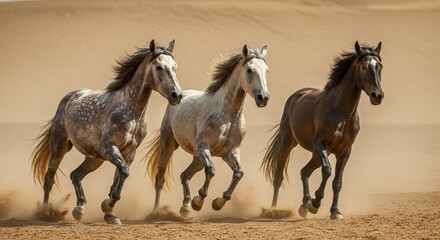 Obraz premium Three galloping horses with long manes kick up dust as they run through a desert landscape. 
