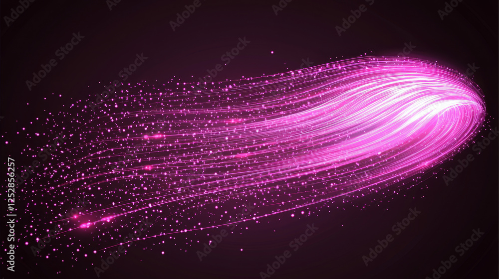 Poster two abstract pink neon wave lines with bright light glow effect and magic shimmer dust on dark backg
