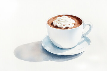 Naklejka premium watercolor painting of cup of hot chocolate with whipped cream, evoking warmth and comfort