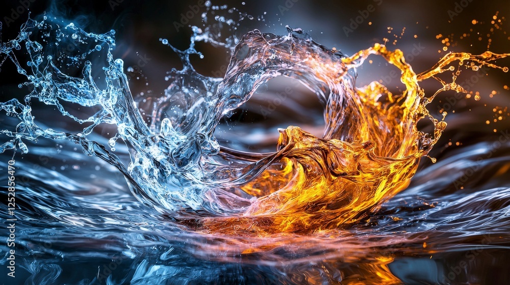 Poster dynamic energy waves colliding water splash abstract art studio setting close-up solidifying forces 