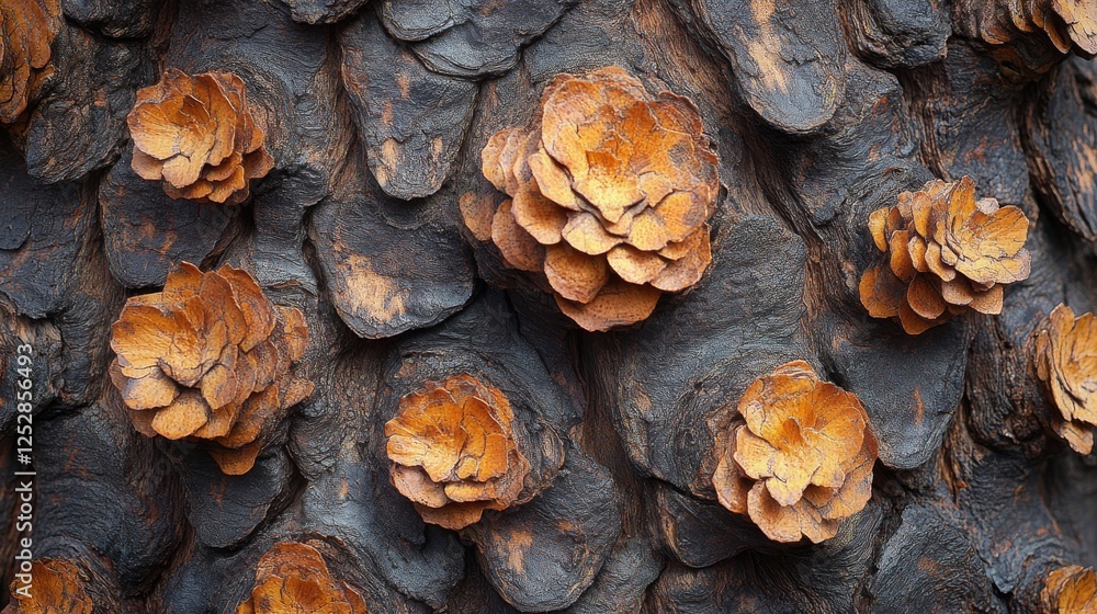 Poster detailed shot of textured tree bark with budding lichen colonies casting shadows on its surface