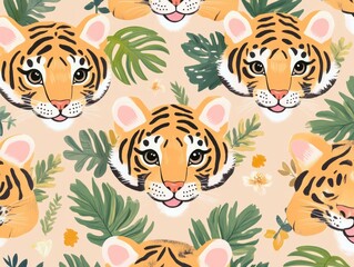 Zoo of cartoon style tigers set against a jungle backdrop with tropical leaves and flowers. Pattern for textiles or graphic design use.