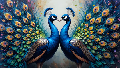 Ai generative of a painting showing love between a pair of peacocks showing their tails