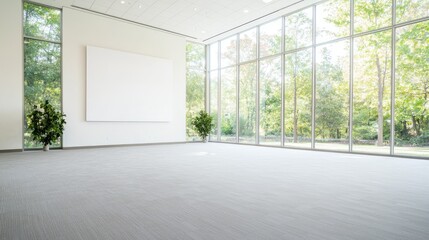 Modern office space with large windows overlooking trees.  Empty conference room.  Possible use stock photography for business