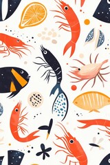 Wonderful whimsical illustration of fish and crustaceans on a vibrant backdrop.