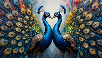 Ai generative of a painting showing love between a pair of peacocks showing their tails