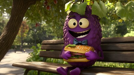 43. "An animated grape character with a bow tie, sitting on a park bench eating a sandwich