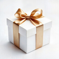 Obraz premium A luxurious white gift box adorned with a golden satin ribbon, exuding elegance and sophistication. Perfect for weddings, anniversaries, corporate gifts, and high-end celebrations, this chic and timel