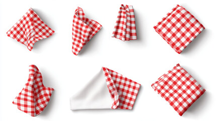 Obraz premium White empty and red gingham handkerchief mockup - realistic vector illustration set of folded cloth napkin or kitchen towel top view. Fabric textile tablecloth or restaurant serviette template.