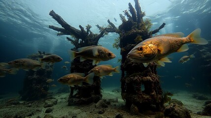 Fototapeta premium Schools of fish navigating underwater architecture ocean depths nature photography marine environment dynamic perspective