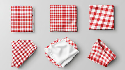 Fototapeta premium White empty and red gingham handkerchief mockup - realistic vector illustration set of folded cloth napkin or kitchen towel top view. Fabric textile tablecloth or restaurant serviette template.