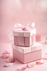 Fototapeta premium A romantic and elegant pink gift box adorned with delicate white ribbons and scattered rose petals, creating a dreamy, feminine, and luxurious aesthetic. Perfect for weddings, anniversaries, Valentine