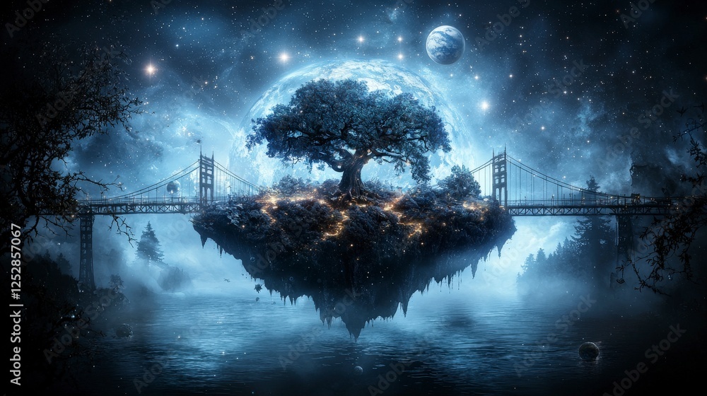 Aufkleber Levitating islands with cosmic tree bridge ethereal sky digital art mystical environment surreal viewpoint