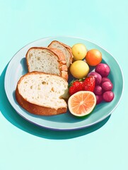 An illustration of a plate with toasted bread and assorted fresh fruit.