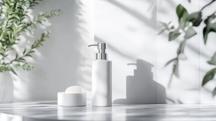 White bottle with silver pump for cosmetic products realistic vector illustration. Packaging design for cream, face wash, body lotion, liquid soap or shampoo isolated on white background